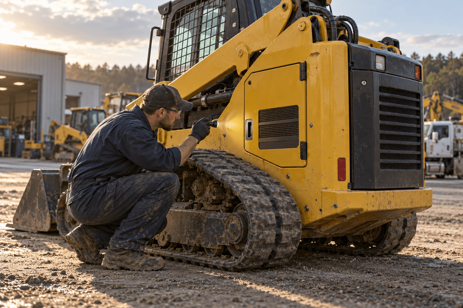 Illustrative mechanic inspecting a parked compact loader