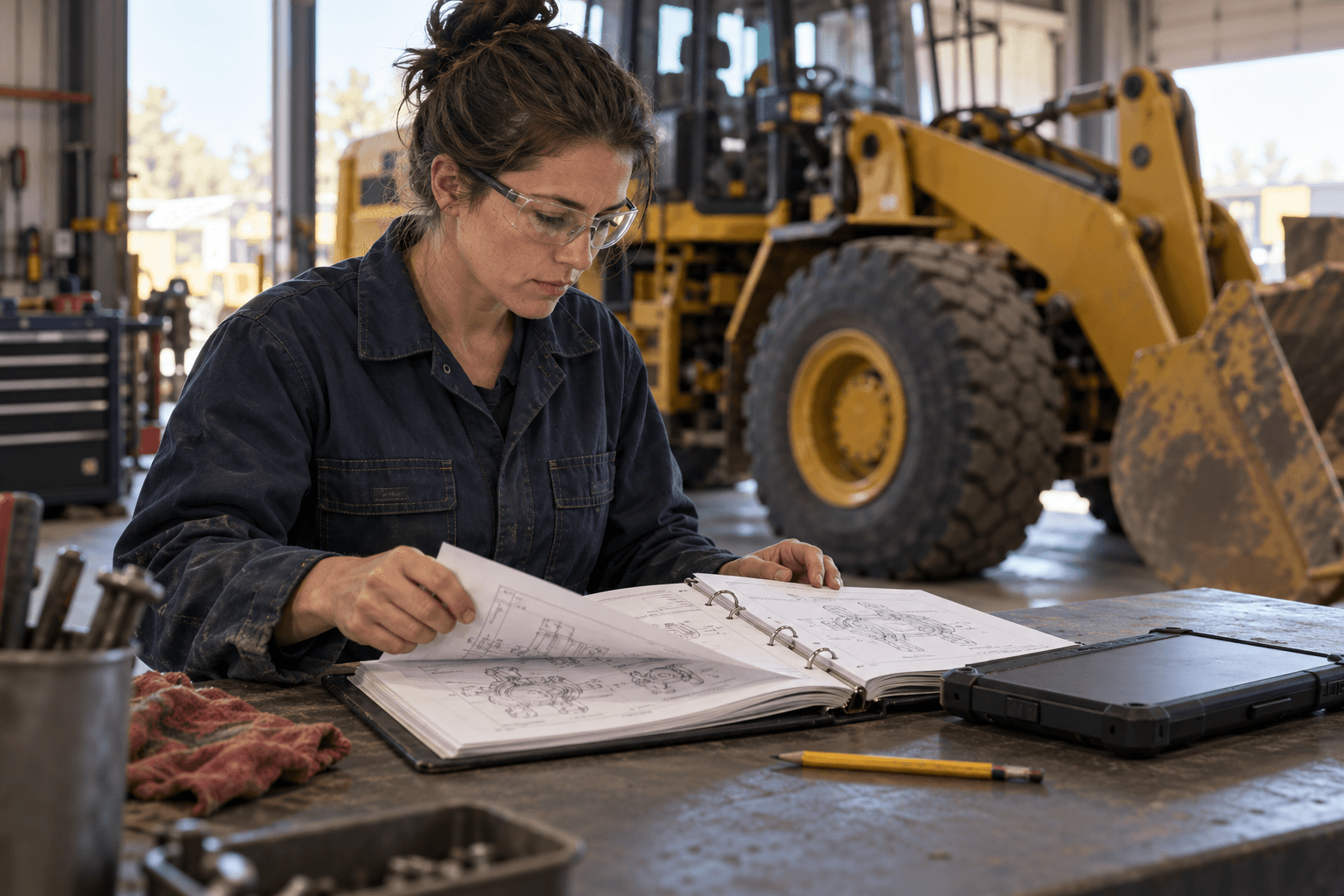 Illustrative technician checking a schematic binder