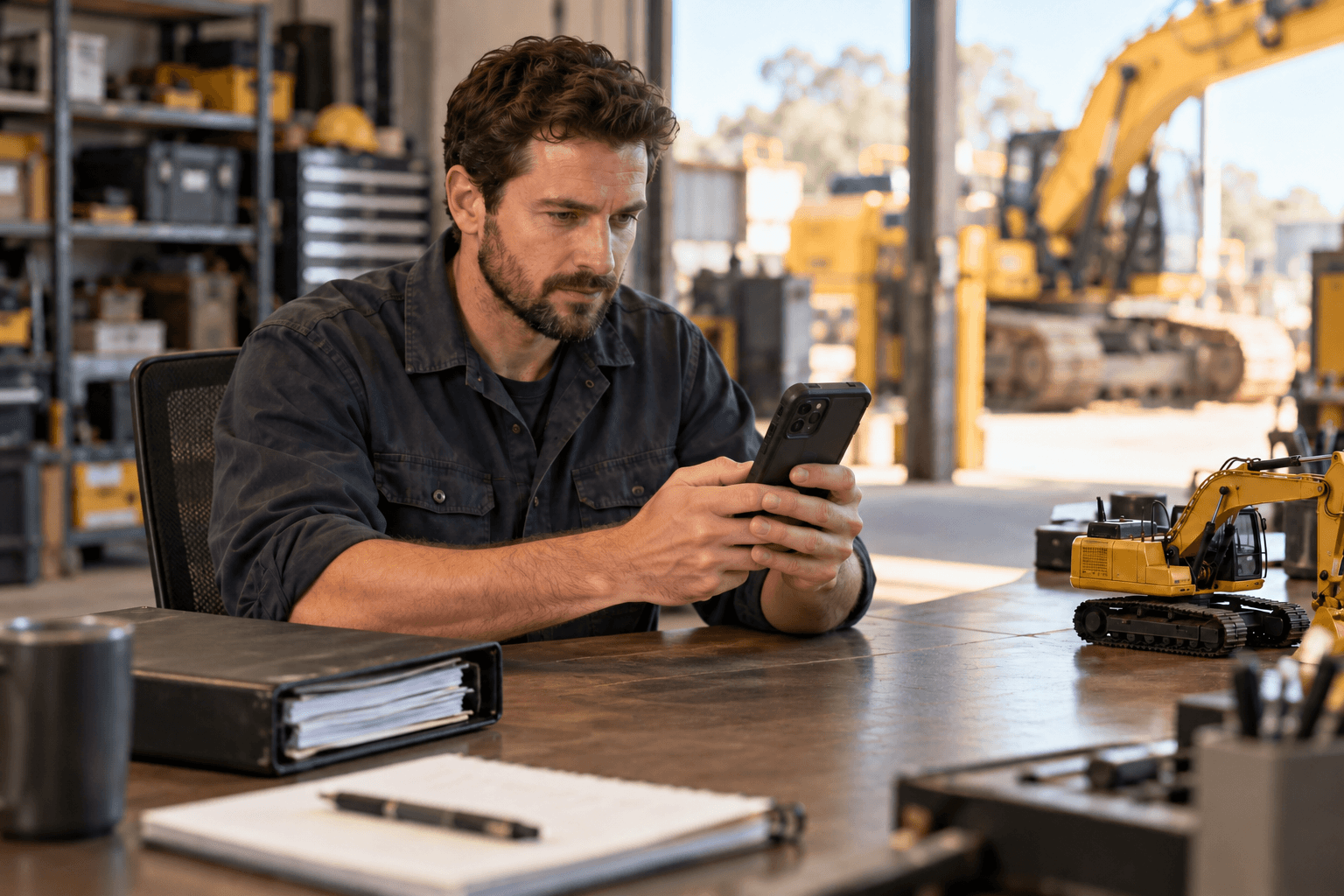 Illustrative mechanic preparing service documents on a smartphone
